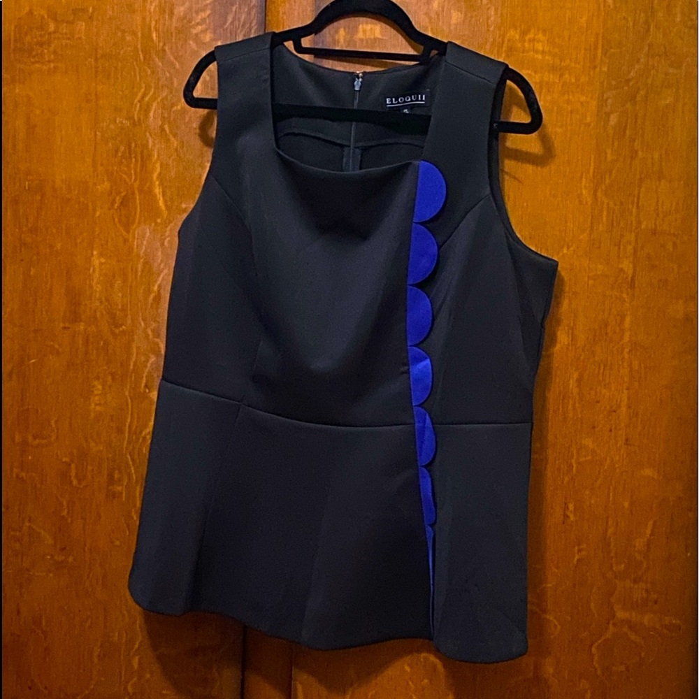 Black top with blue scallop trim